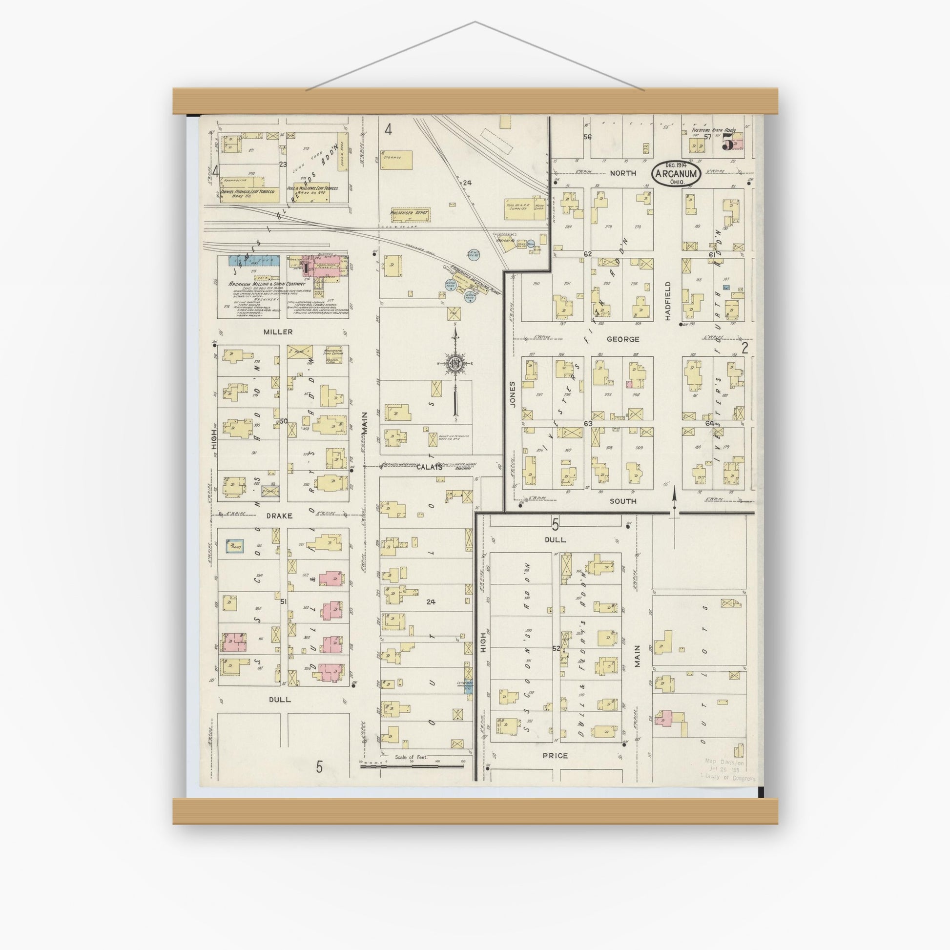 Old map wall art mockup — magnetic wood frame on white wall — Sanborn Fire Insurance Map from Arcanum, Darke County, Ohio (1914), Sheet #0005