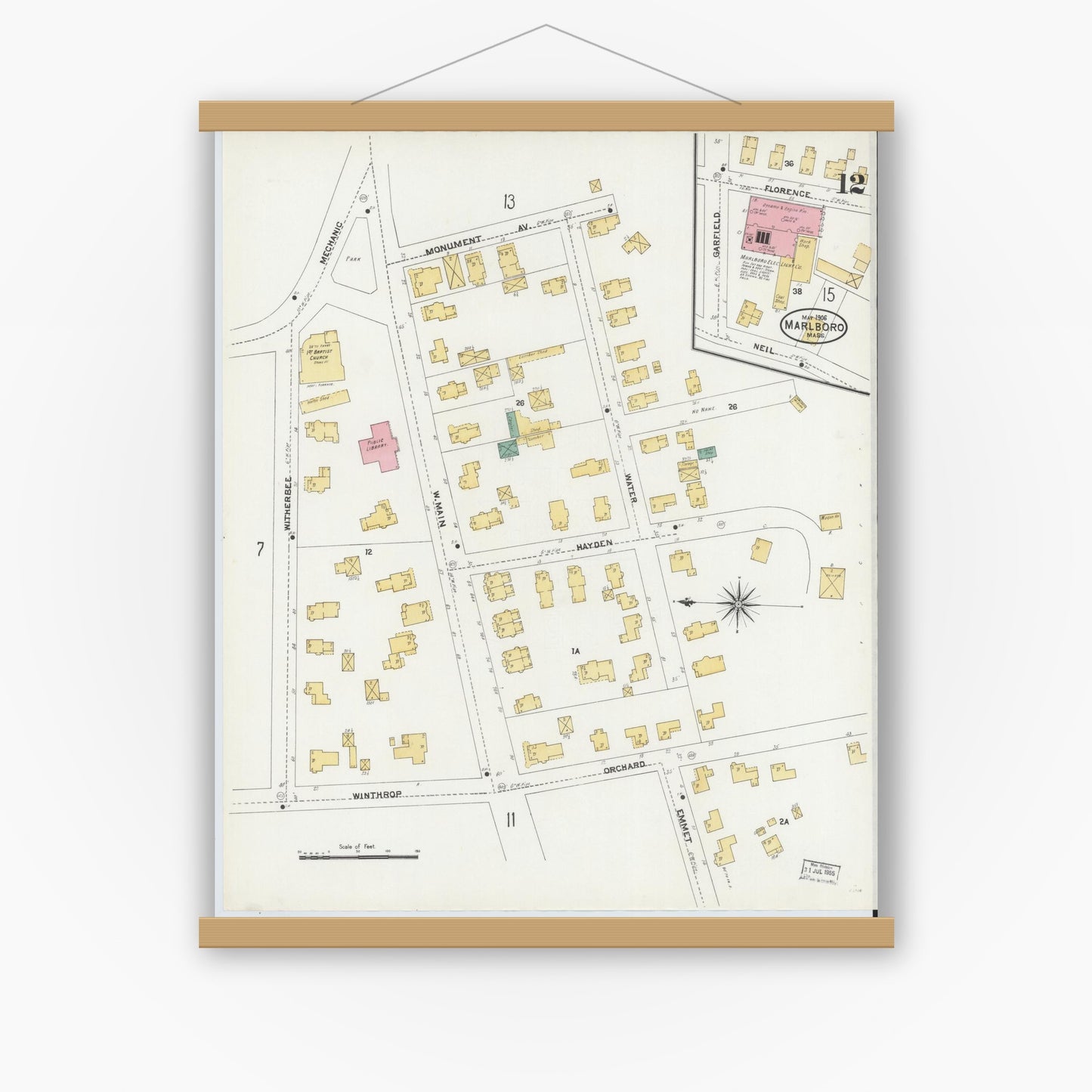 Old map wall art mockup — magnetic wood frame on white wall — Sanborn Fire Insurance Map from Marlborough, Middlesex County, Massachusetts (1906), Sheet #0012