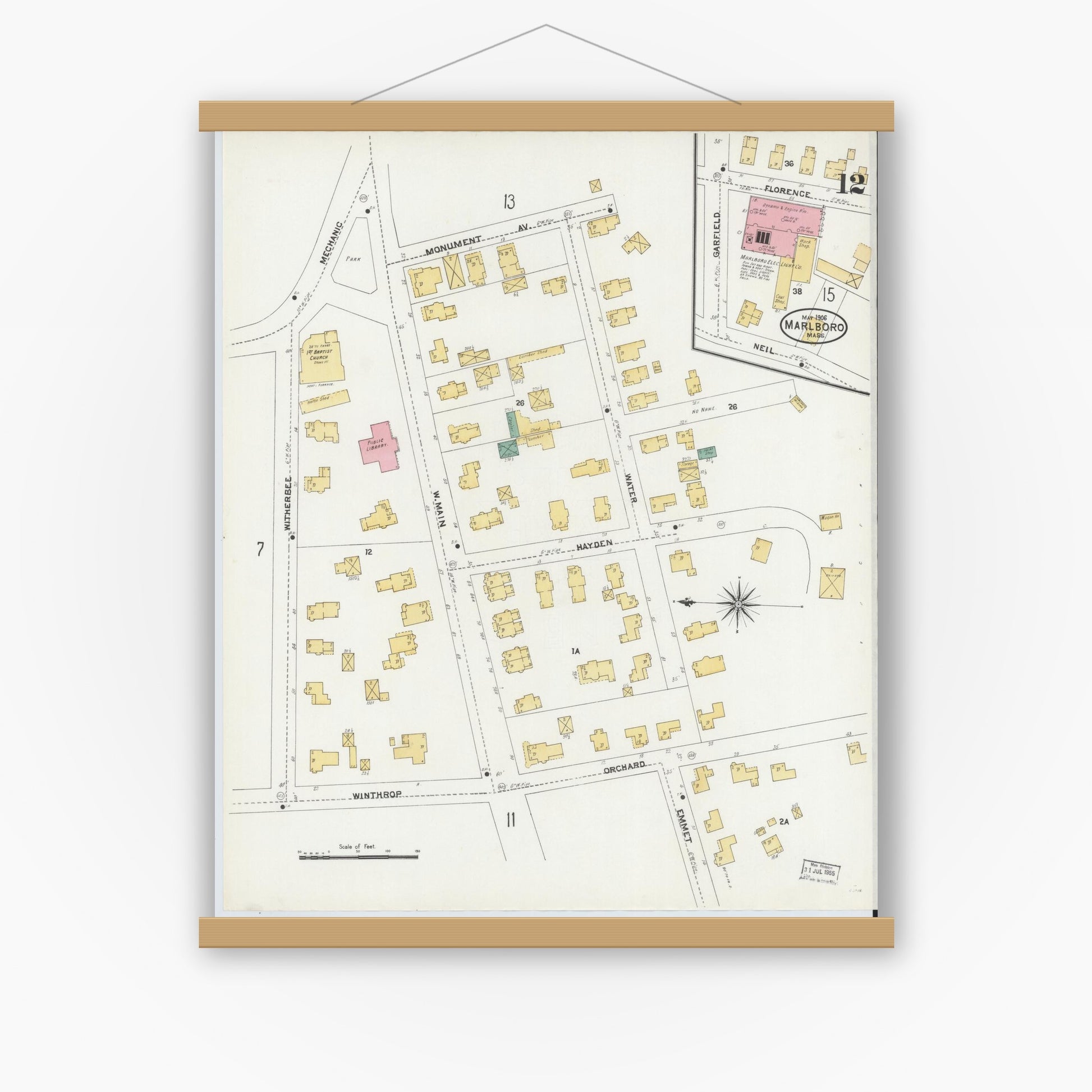 Old map wall art mockup — magnetic wood frame on white wall — Sanborn Fire Insurance Map from Marlborough, Middlesex County, Massachusetts (1906), Sheet #0012