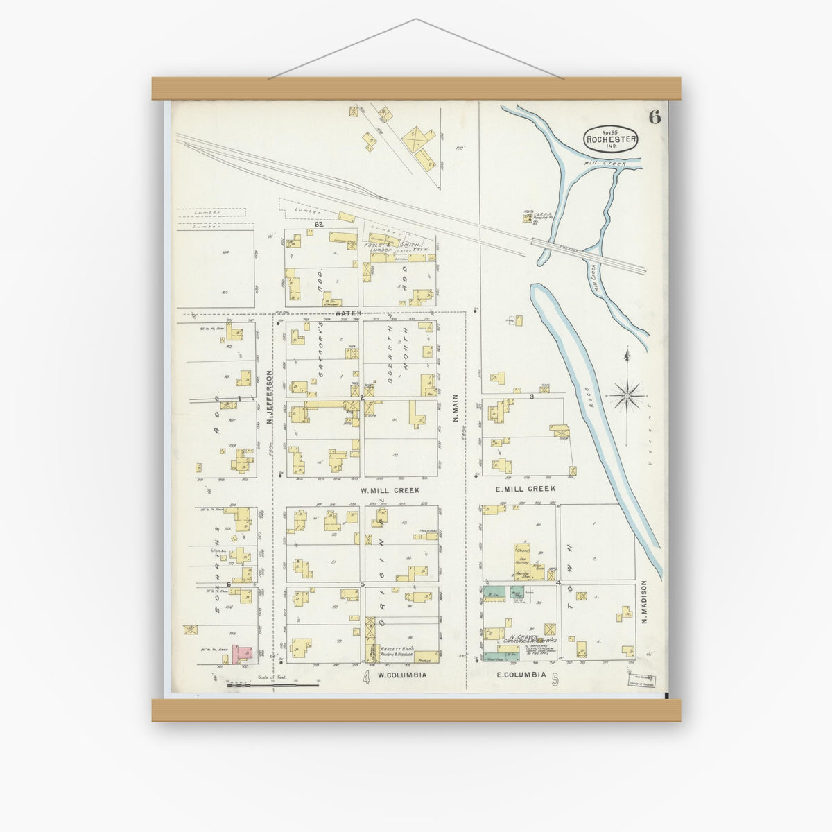 Old map wall art mockup — magnetic wood frame on white wall — Sanborn Fire Insurance Map from Rochester, Fulton County, Indiana (1895), Sheet #0006