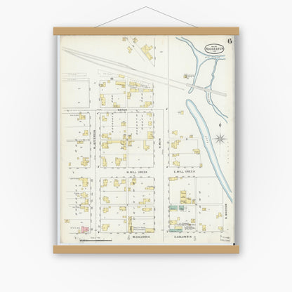 Old map wall art mockup — magnetic wood frame on white wall — Sanborn Fire Insurance Map from Rochester, Fulton County, Indiana (1895), Sheet #0006