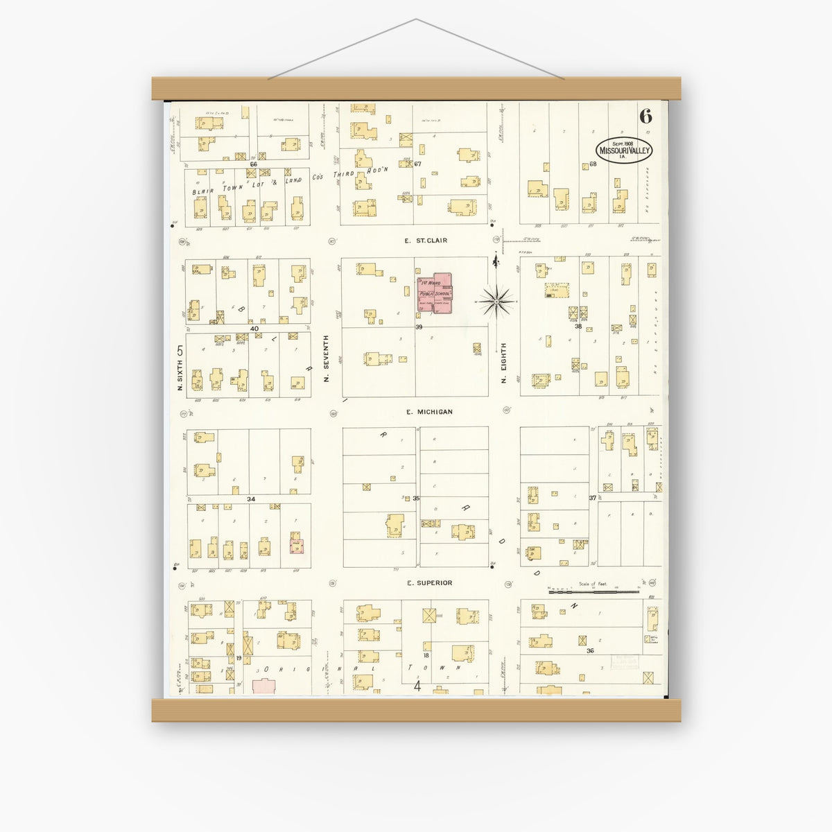 Old map wall art mockup — magnetic wood frame on white wall — Sanborn Fire Insurance Map from Missouri Valley, Harrison County, Iowa (1908), Sheet #0006