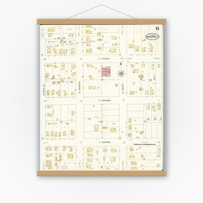 Old map wall art mockup — magnetic wood frame on white wall — Sanborn Fire Insurance Map from Missouri Valley, Harrison County, Iowa (1908), Sheet #0006