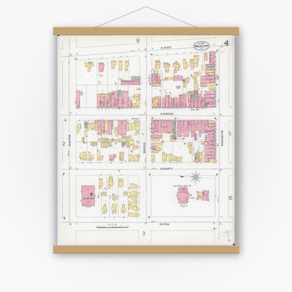Old map wall art mockup — magnetic wood frame on white wall — Sanborn Fire Insurance Map from Waukegan, Lake County, Illinois (1900), Sheet #0004