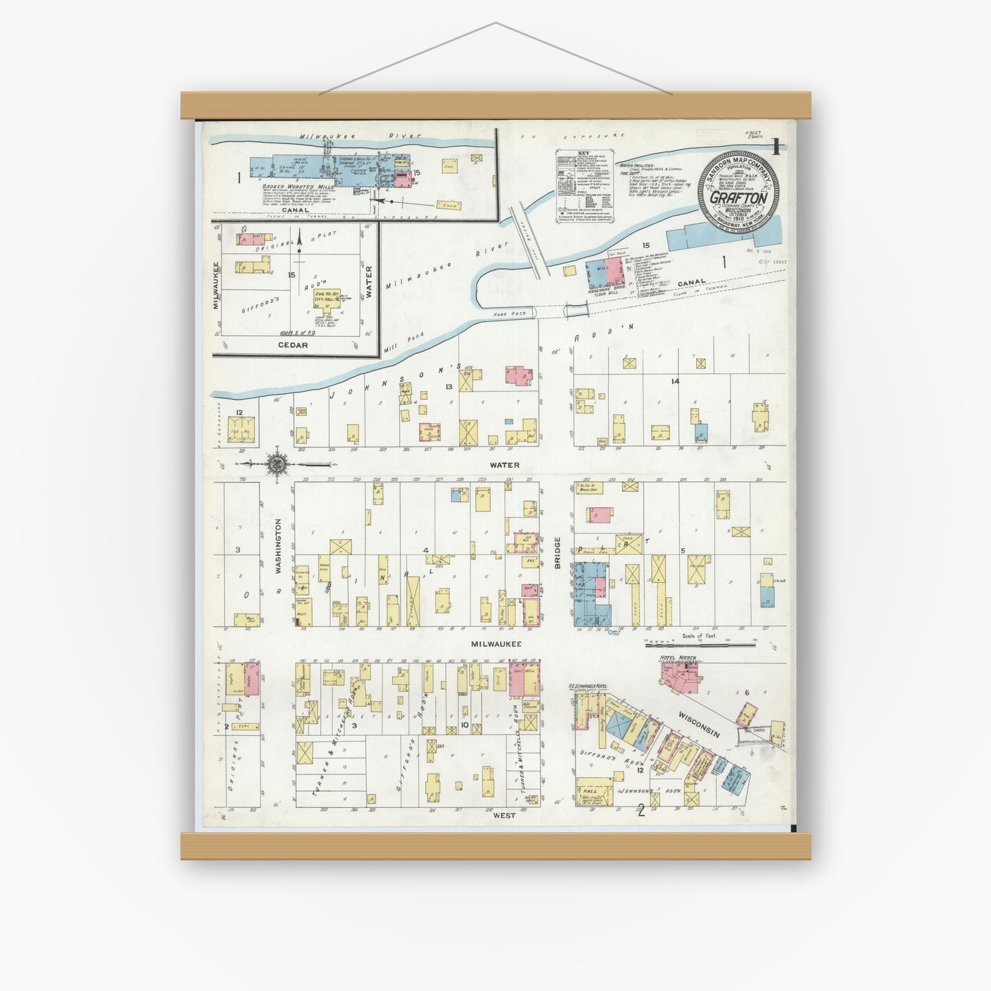 Old map wall art mockup — magnetic wood frame on white wall — Sanborn Fire Insurance Map from Grafton, Ozankee County, Wisconsin (1910), Sheet #0001