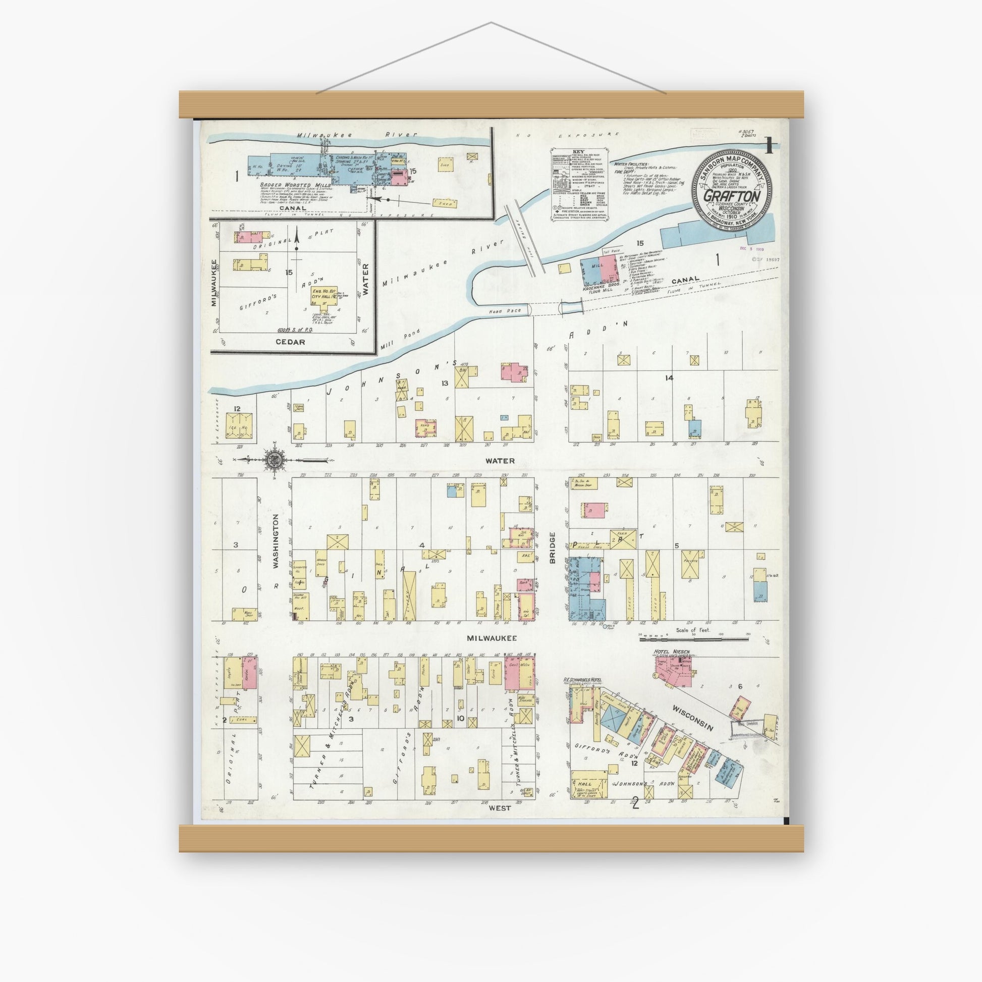 Old map wall art mockup — magnetic wood frame on white wall — Sanborn Fire Insurance Map from Grafton, Ozankee County, Wisconsin (1910), Sheet #0001