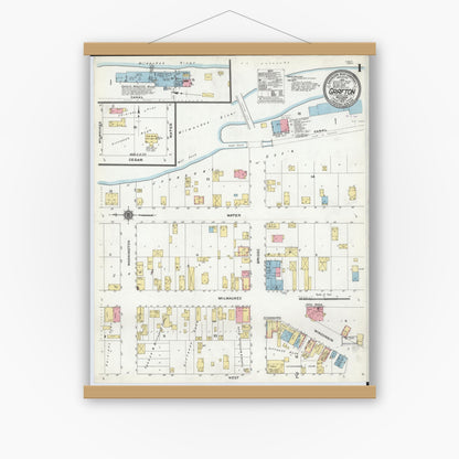 Old map wall art mockup — magnetic wood frame on white wall — Sanborn Fire Insurance Map from Grafton, Ozankee County, Wisconsin (1910), Sheet #0001