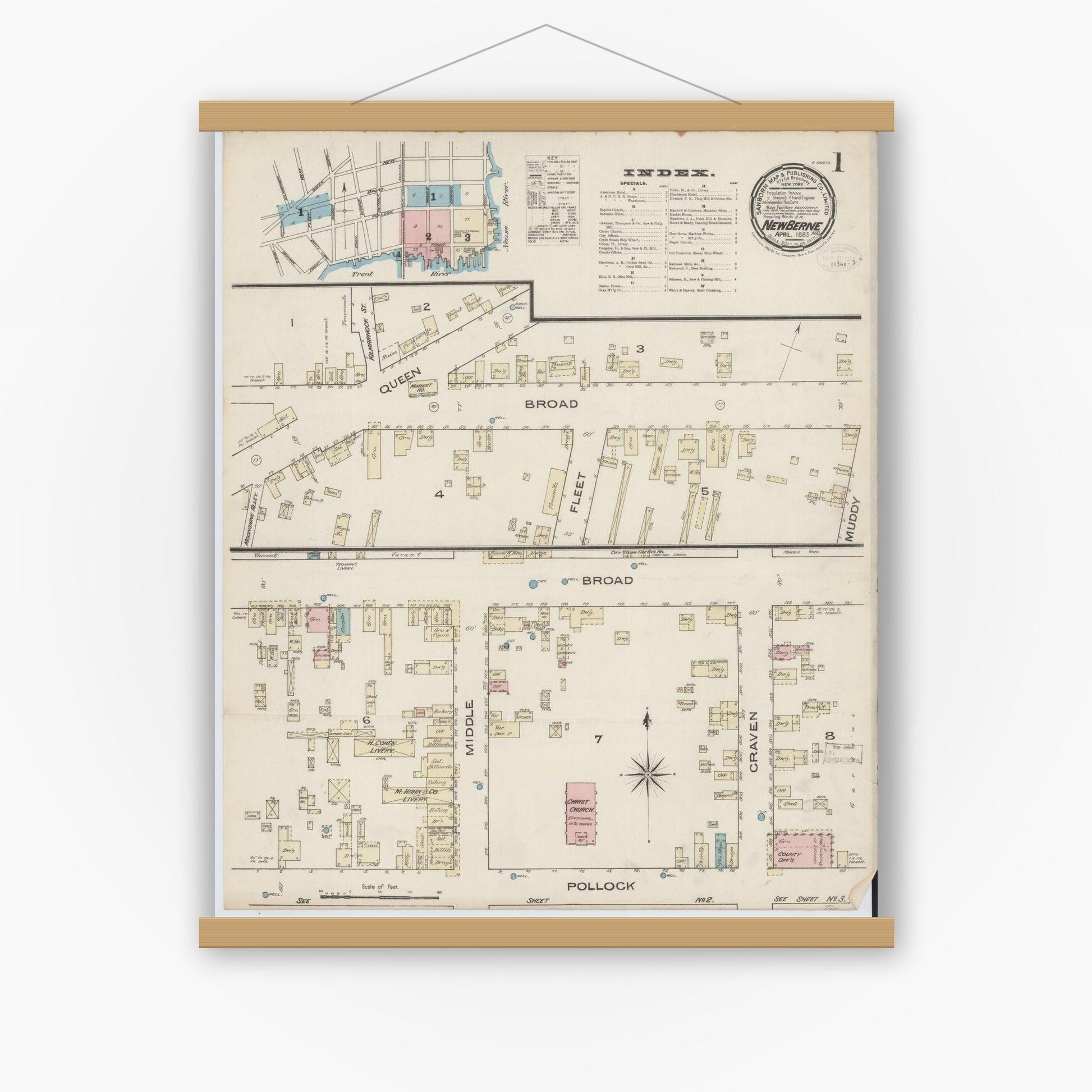 Old map wall art mockup — magnetic wood frame on white wall — Sanborn Fire Insurance Map from New Bern, Craven County, North Carolina (1885) - Complete Map Set