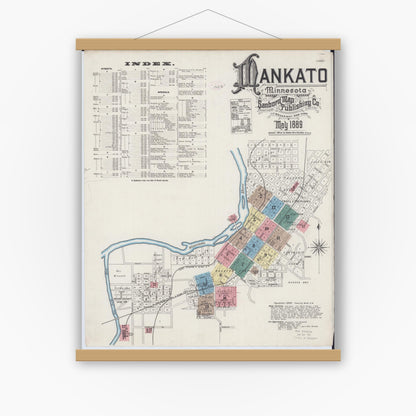 Old map wall art mockup — magnetic wood frame on white wall — Sanborn Fire Insurance Map from Mankato, Blue Earth County, Minnesota (1889) - Complete Map Set