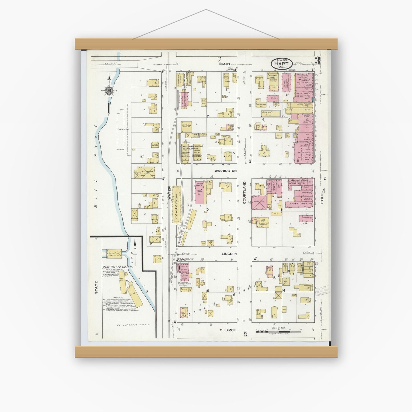 Old map wall art mockup — magnetic wood frame on white wall — Sanborn Fire Insurance Map from Hart, Oceana County, Michigan (1920), Sheet #0003