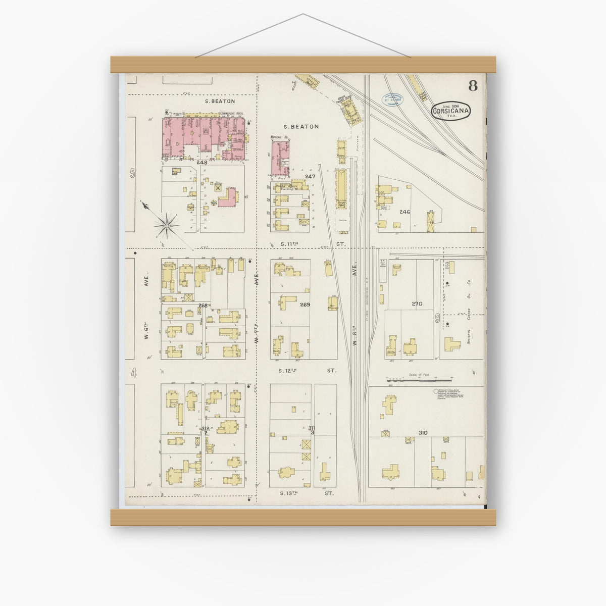 Old map wall art mockup — magnetic wood frame on white wall — Sanborn Fire Insurance Map from Corsicana, Navarro County, Texas (1894), Sheet #0008