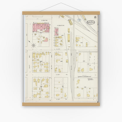 Old map wall art mockup — magnetic wood frame on white wall — Sanborn Fire Insurance Map from Corsicana, Navarro County, Texas (1894), Sheet #0008