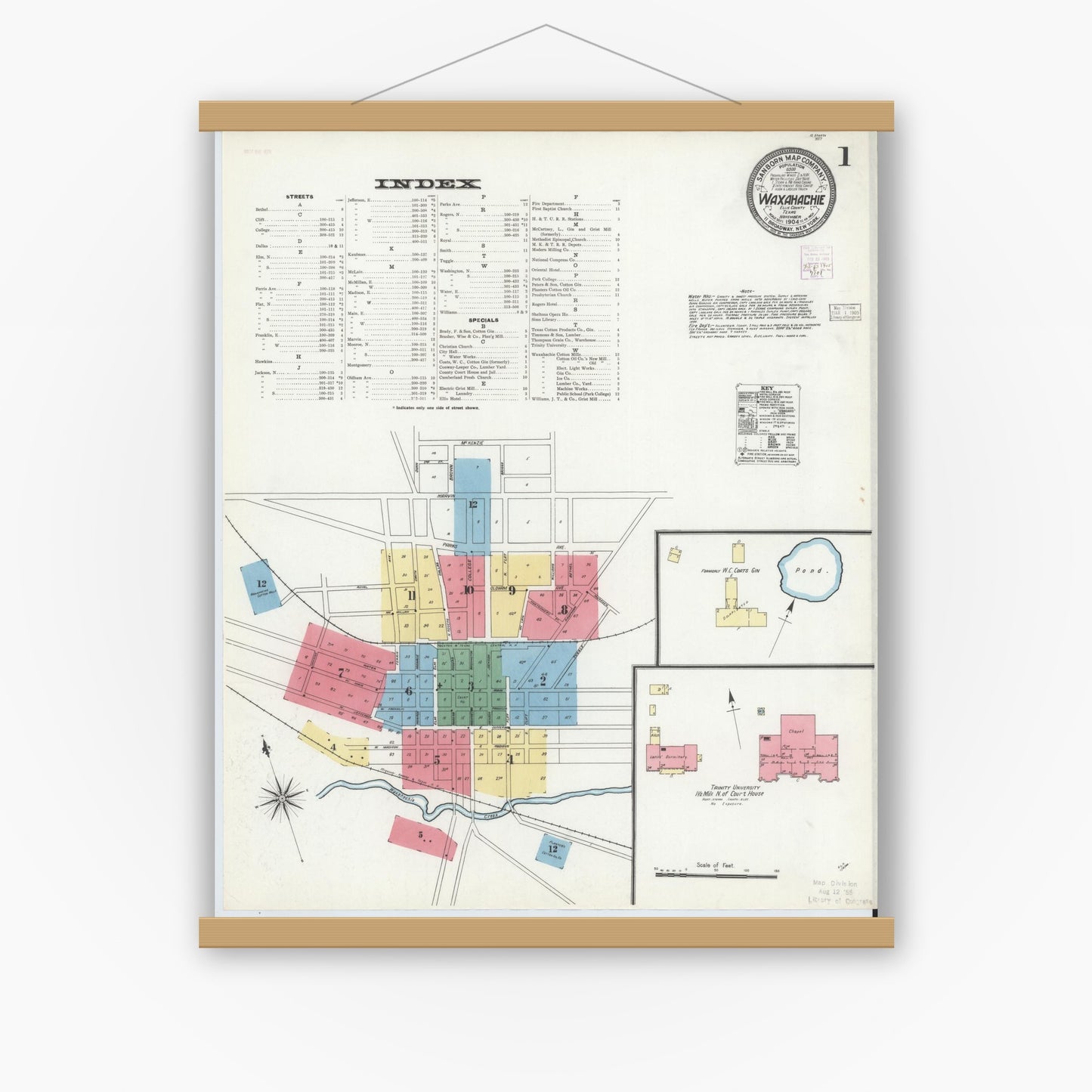 Old map wall art mockup — magnetic wood frame on white wall — Sanborn Fire Insurance Map from Waxahachie, Ellis County, Texas (1904) - Complete Map Set