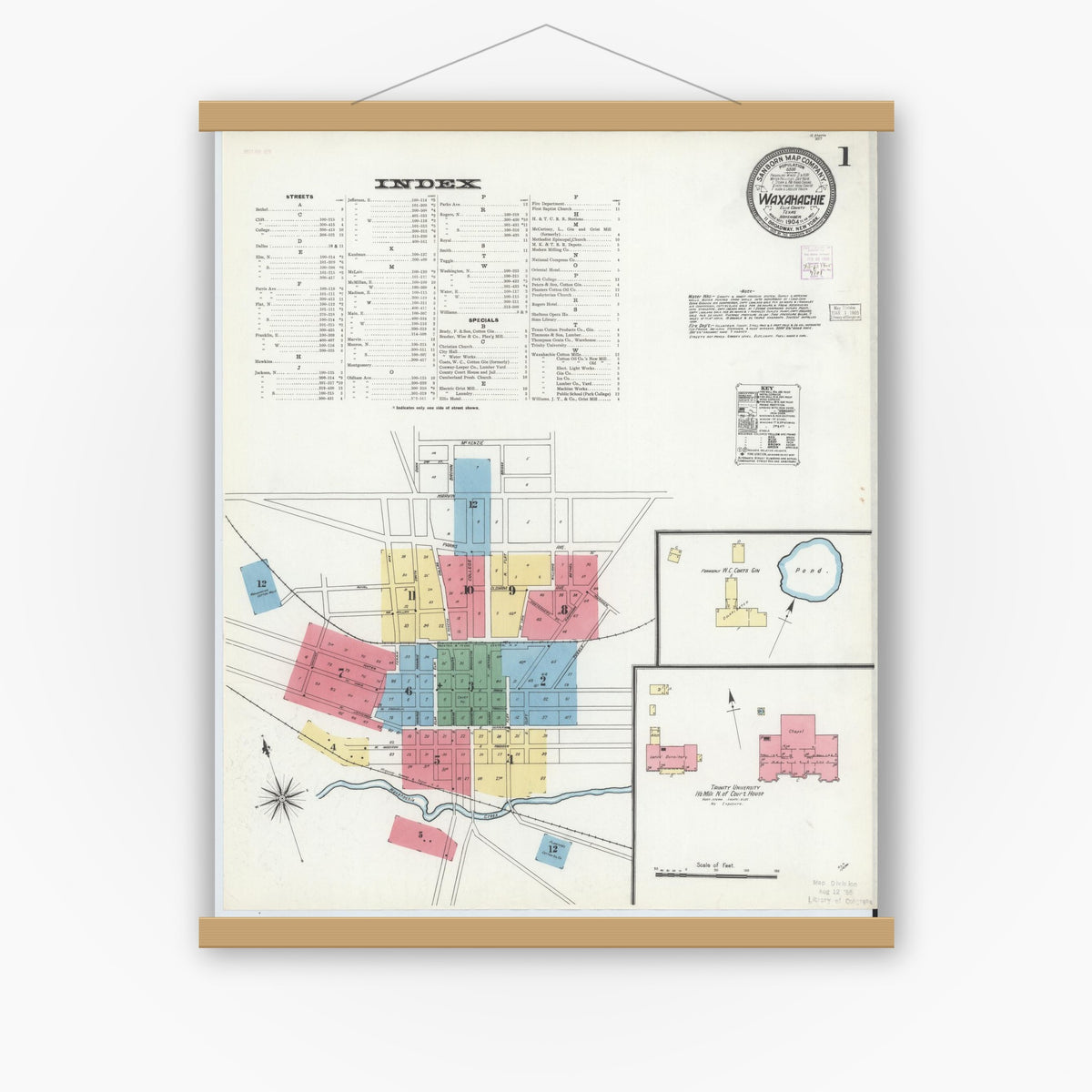 Old map wall art mockup — magnetic wood frame on white wall — Sanborn Fire Insurance Map from Waxahachie, Ellis County, Texas (1904) - Complete Map Set