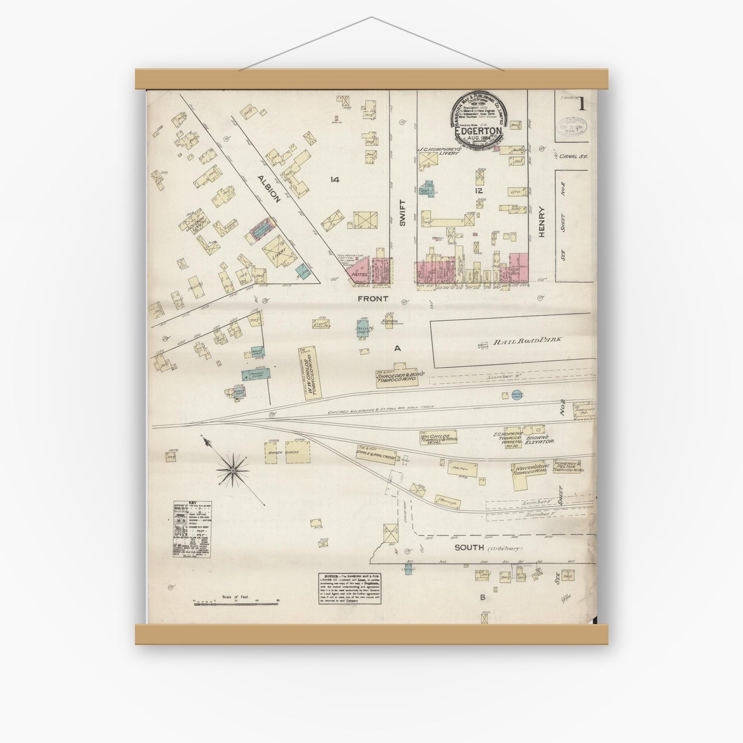 Old map wall art mockup — magnetic wood frame on white wall — Sanborn Fire Insurance Map from Edgerton, Rock County, Wisconsin (1884) - Complete Map Set