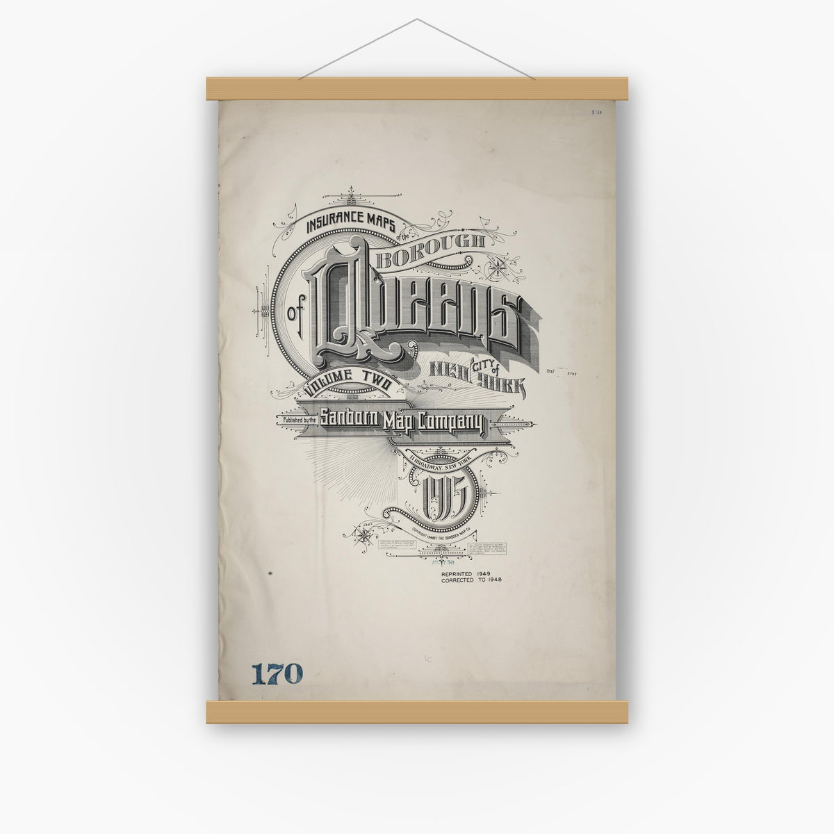 Old map wall art mockup — magnetic wood frame on white wall — Sanborn Fire Insurance Map from Queens, Queens County, New York (1948), Sheet #0001