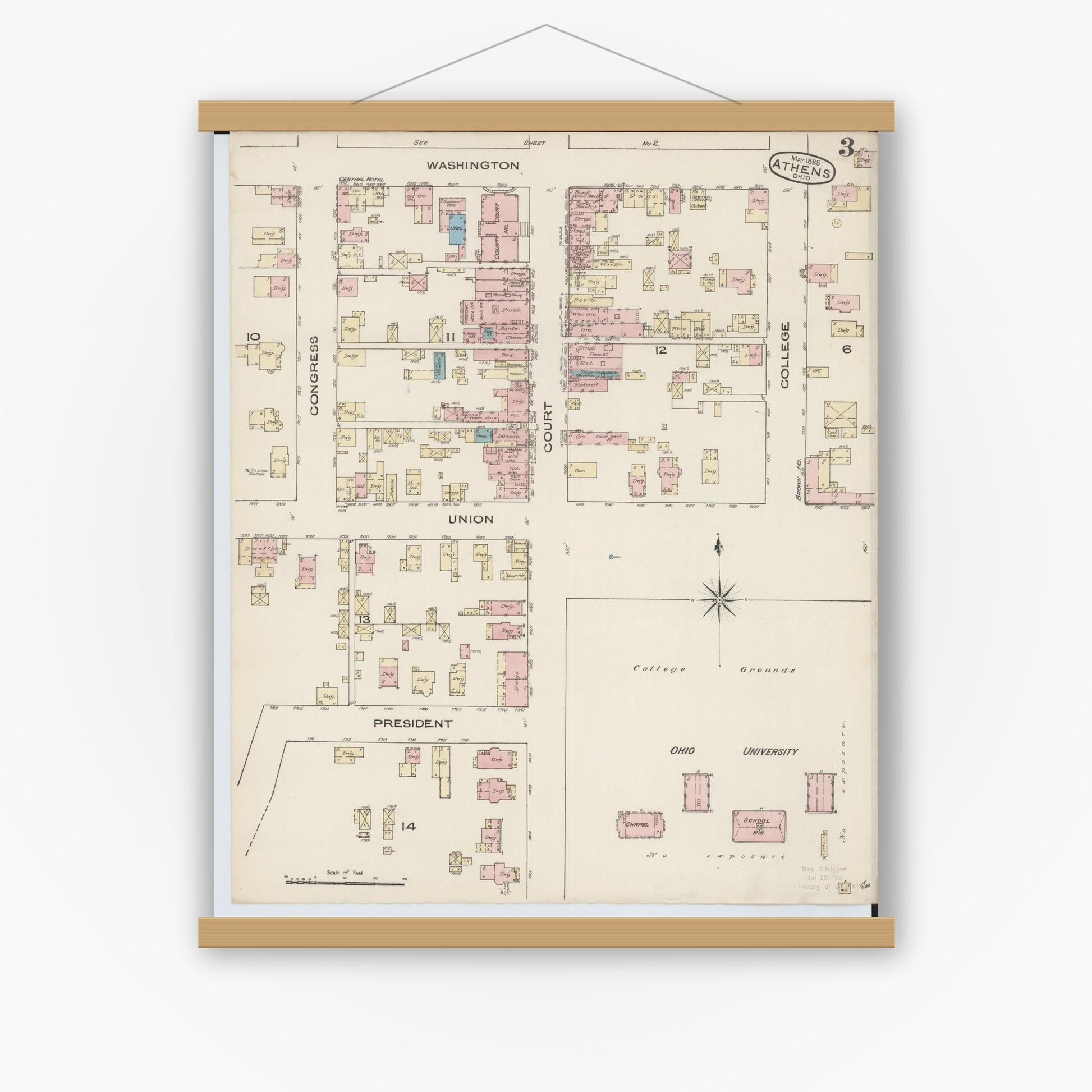 Old map wall art mockup — magnetic wood frame on white wall — Sanborn Fire Insurance Map from Athens, Athens County, Ohio (1885), Sheet #0003