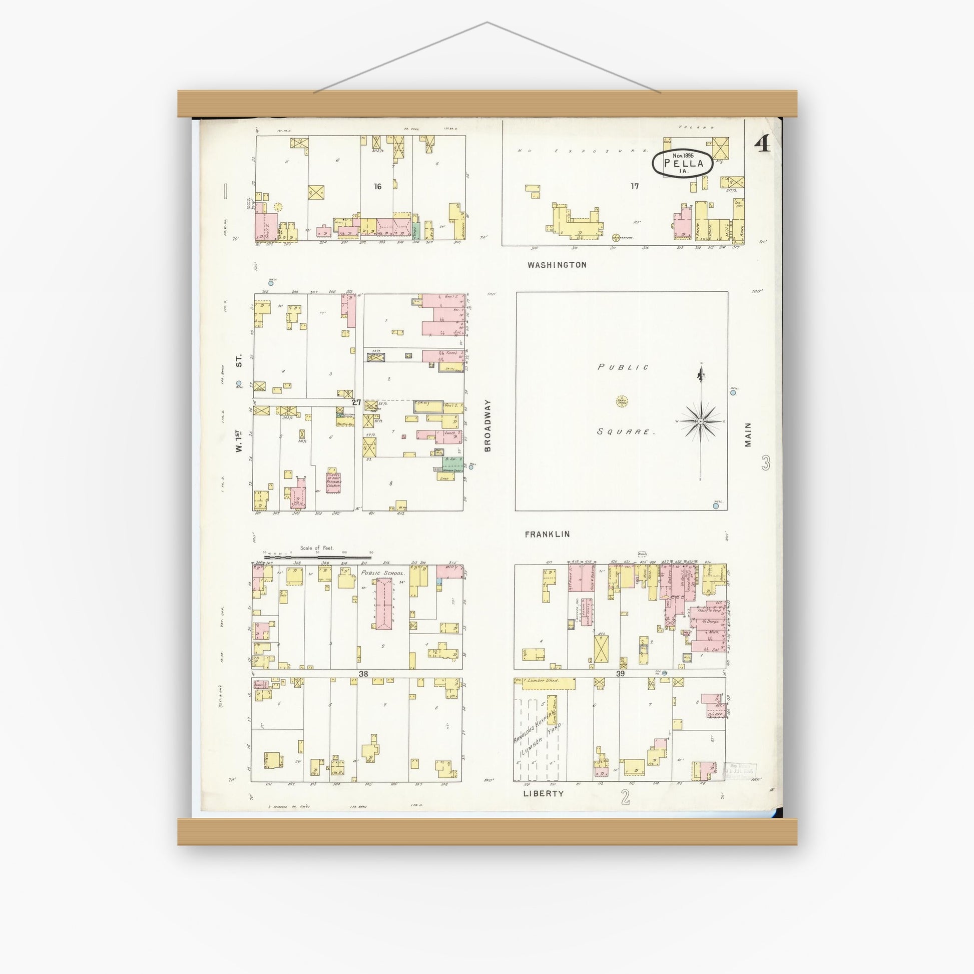 Old map wall art mockup — magnetic wood frame on white wall — Sanborn Fire Insurance Map from Pella, Marion County, Iowa (1895), Sheet #0004