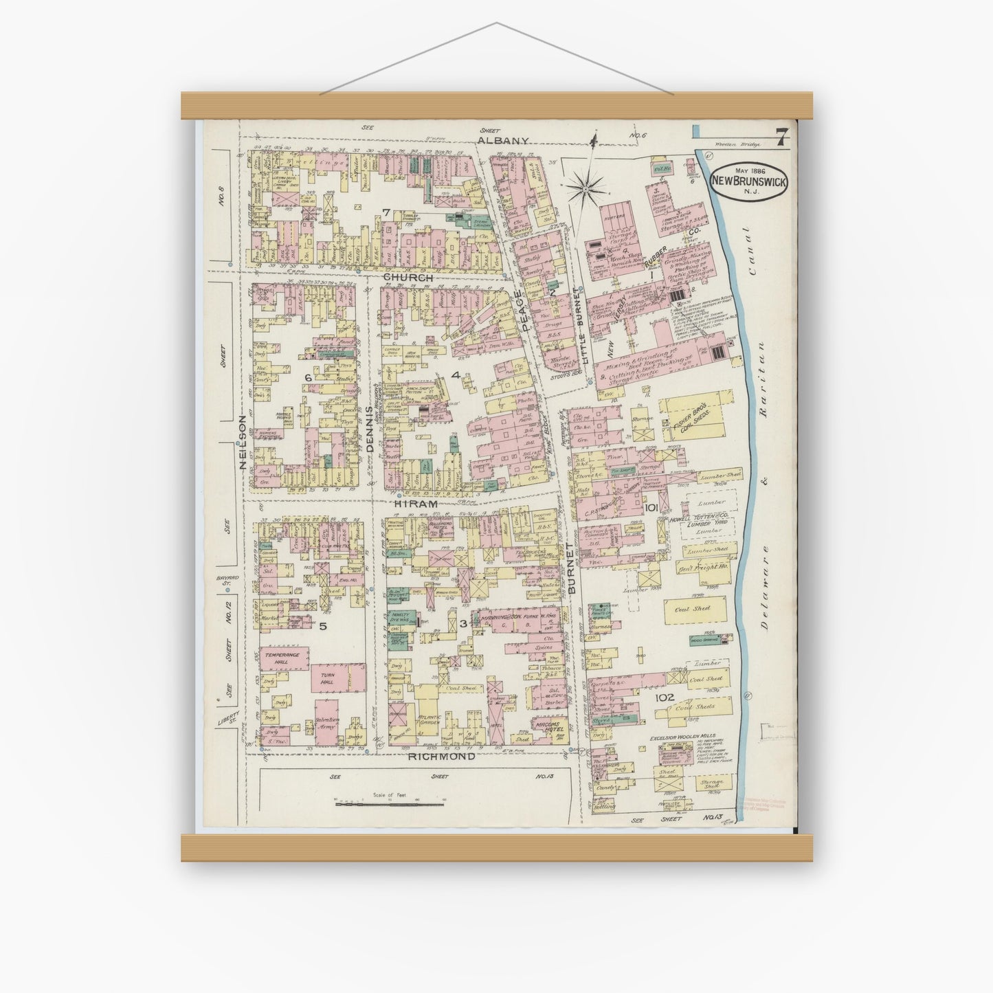 Old map wall art mockup — magnetic wood frame on white wall — Sanborn Fire Insurance Map from New Brunswick, Middlesex County, New Jersey (1886), Sheet #0007