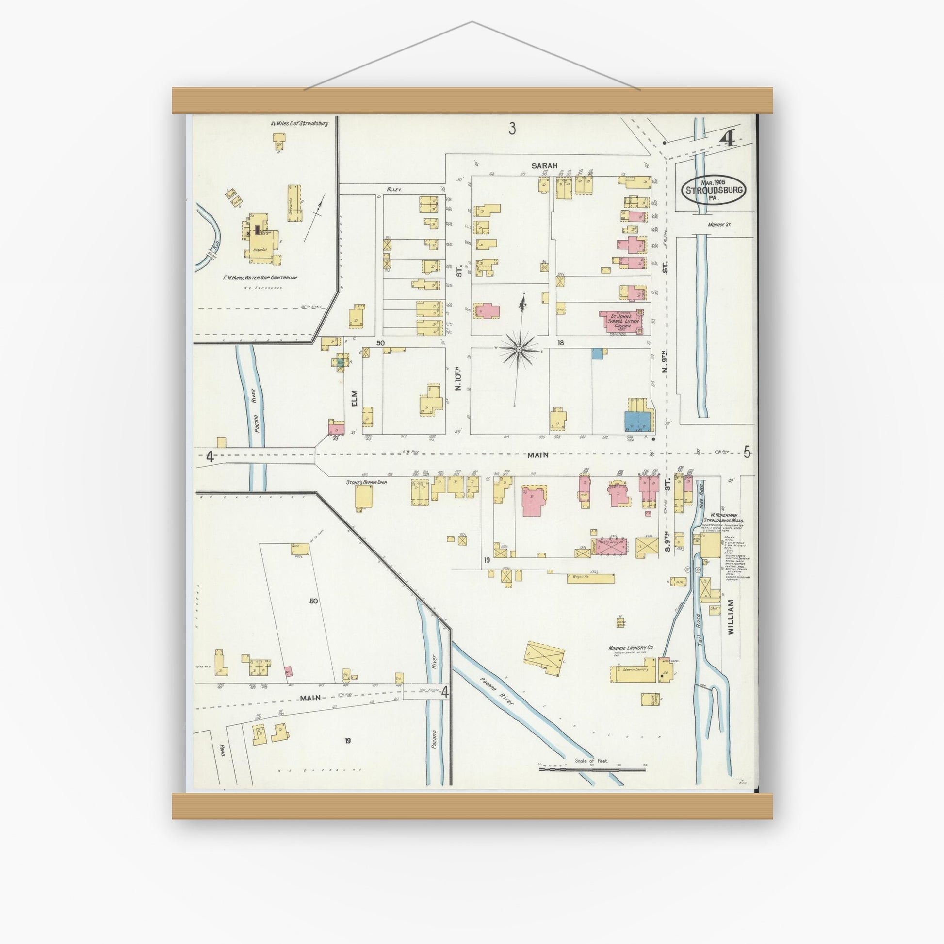 Old map wall art mockup — magnetic wood frame on white wall — Sanborn Fire Insurance Map from Stroudsburg, Monroe County, Pennsylvania (1905), Sheet #0004