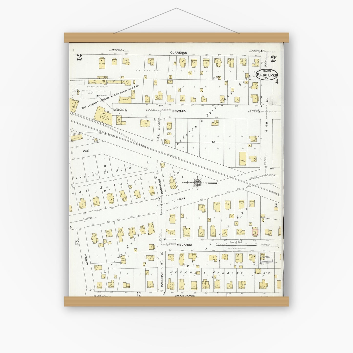 Old map wall art mockup — magnetic wood frame on white wall — Sanborn Fire Insurance Map from Fort Atkinson, Jefferson County, Wisconsin (1924), Sheet #0002