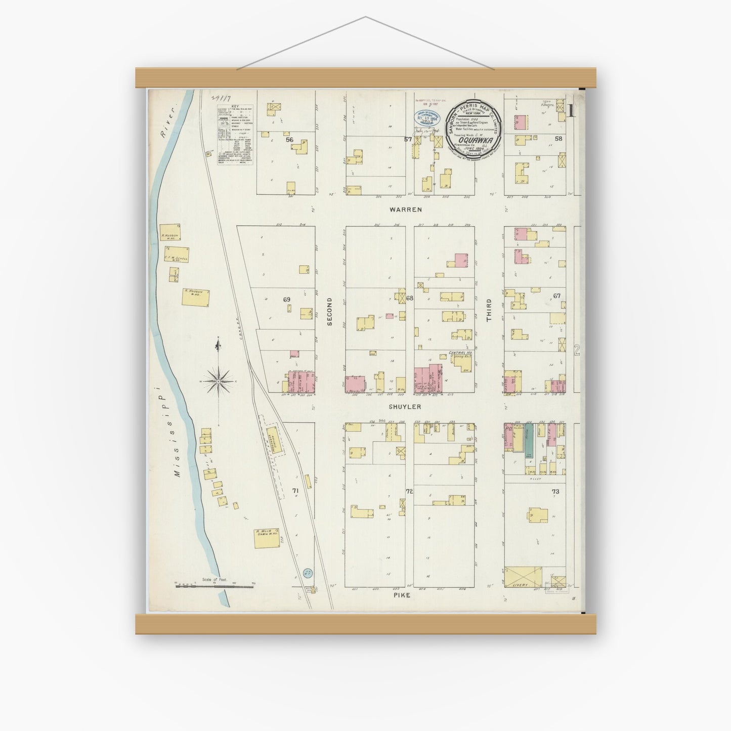 Old map wall art mockup — magnetic wood frame on white wall — Sanborn Fire Insurance Map from Oquawka, Henderson County, Illinois (1894) - Complete Map Set