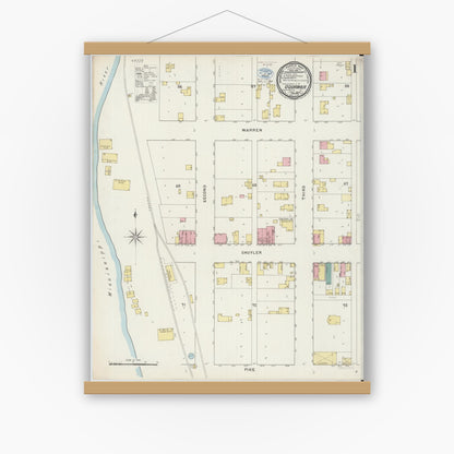 Old map wall art mockup — magnetic wood frame on white wall — Sanborn Fire Insurance Map from Oquawka, Henderson County, Illinois (1894) - Complete Map Set