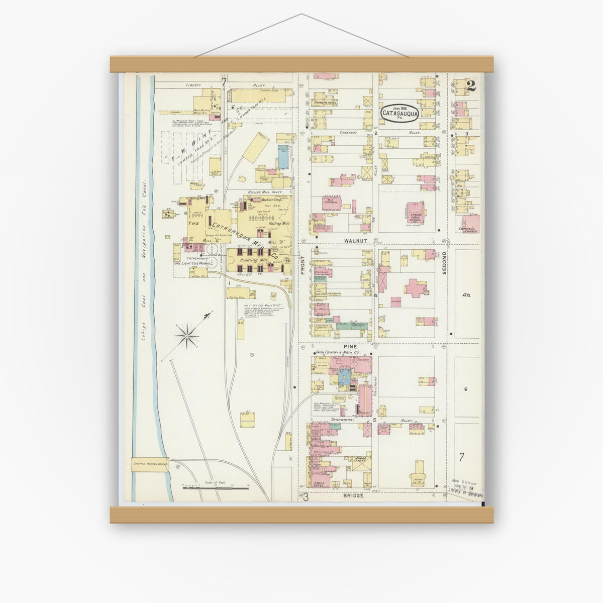Old map wall art mockup — magnetic wood frame on white wall — Sanborn Fire Insurance Map from Catasauqua, Lehigh County, Pennsylvania (1896), Sheet #0002