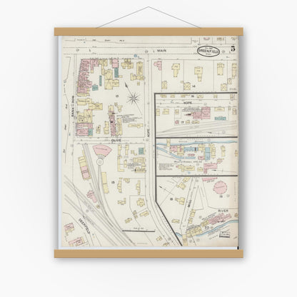 Old map wall art mockup — magnetic wood frame on white wall — Sanborn Fire Insurance Map from Greenfield, Franklin County, Massachusetts (1887), Sheet #0005