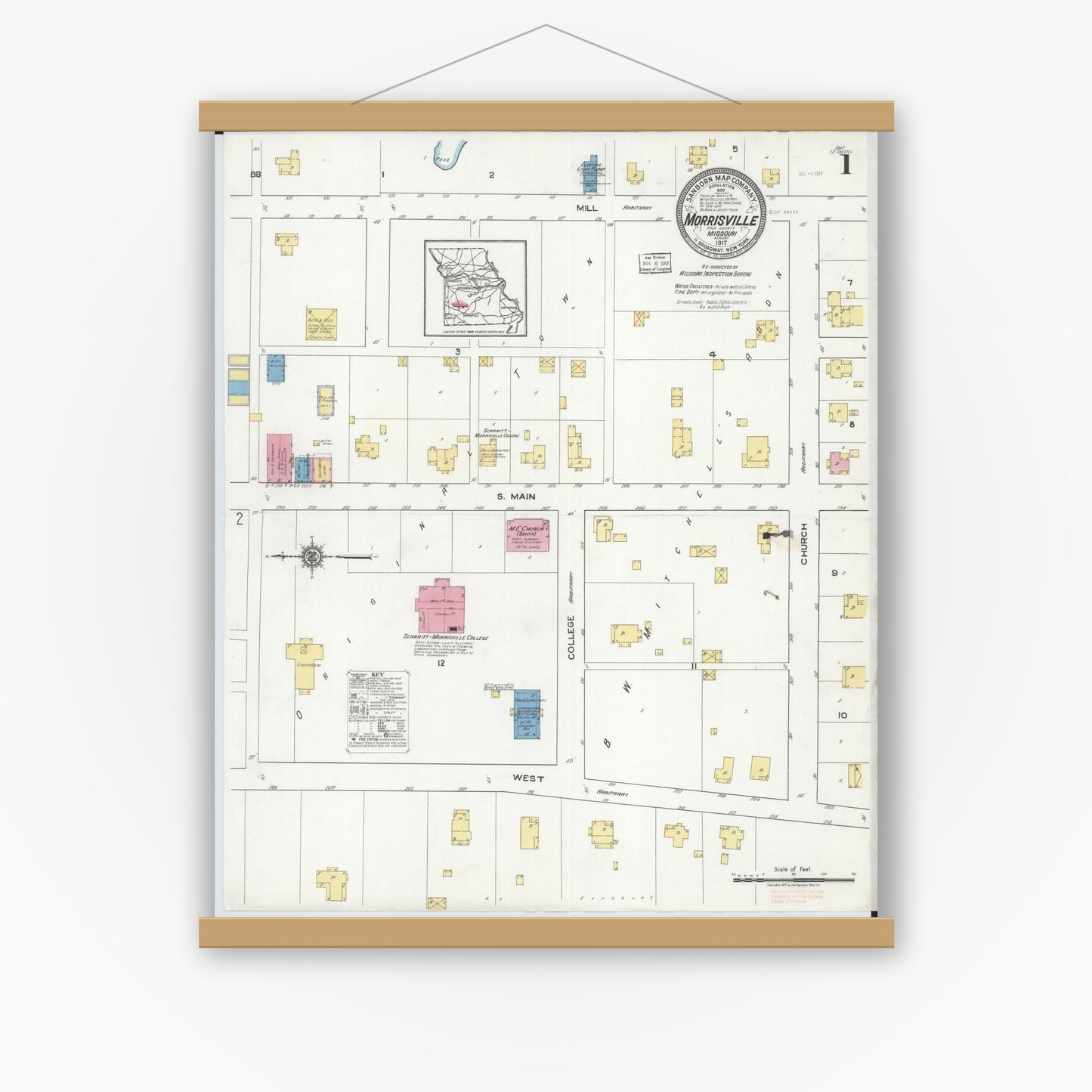 Old map wall art mockup — magnetic wood frame on white wall — Sanborn Fire Insurance Map from Morrisville, Polk County, Missouri (1917) - Complete Map Set