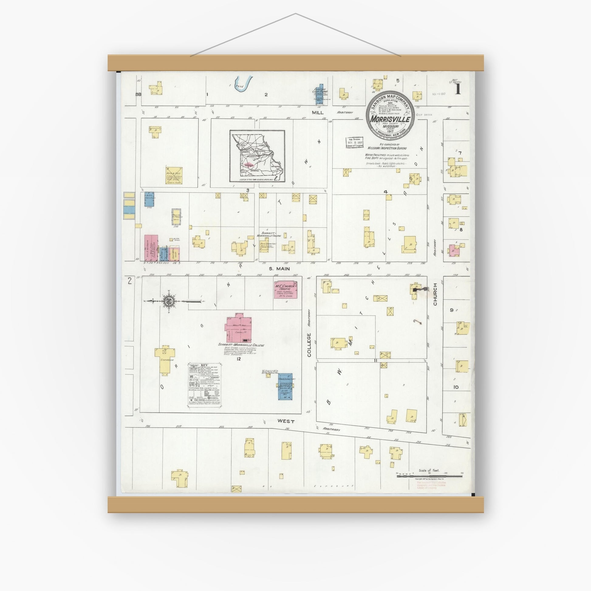 Old map wall art mockup — magnetic wood frame on white wall — Sanborn Fire Insurance Map from Morrisville, Polk County, Missouri (1917) - Complete Map Set