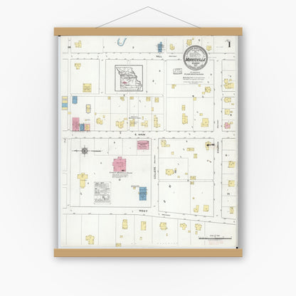 Old map wall art mockup — magnetic wood frame on white wall — Sanborn Fire Insurance Map from Morrisville, Polk County, Missouri (1917) - Complete Map Set