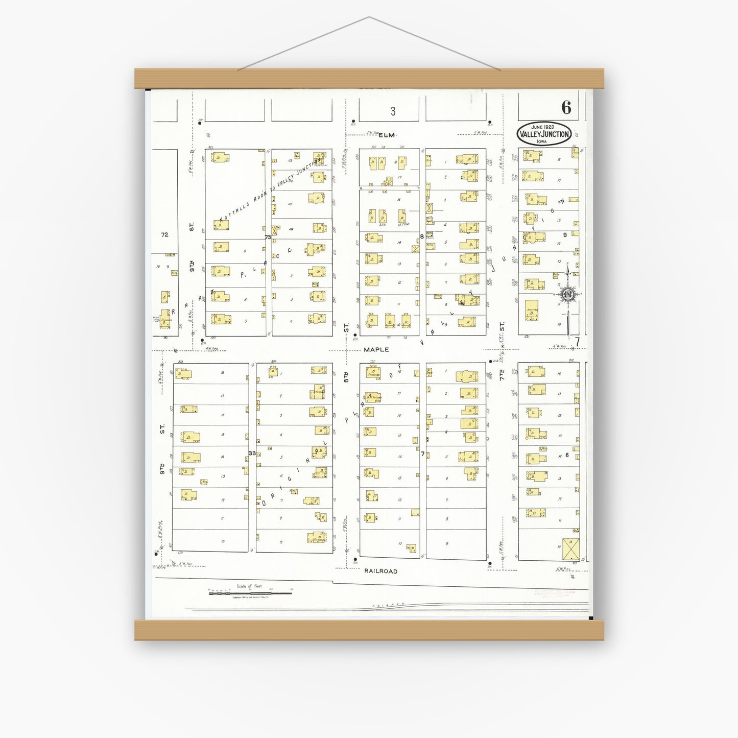 Old map wall art mockup — magnetic wood frame on white wall — Sanborn Fire Insurance Map from Valley Junction, Polk County, Iowa (1920), Sheet #0006