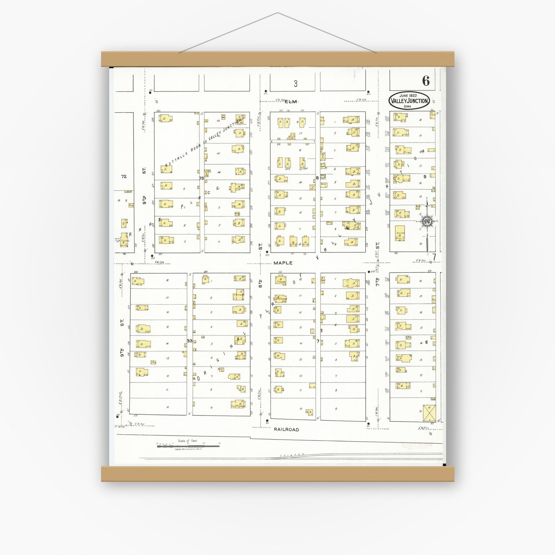Old map wall art mockup — magnetic wood frame on white wall — Sanborn Fire Insurance Map from Valley Junction, Polk County, Iowa (1920), Sheet #0006