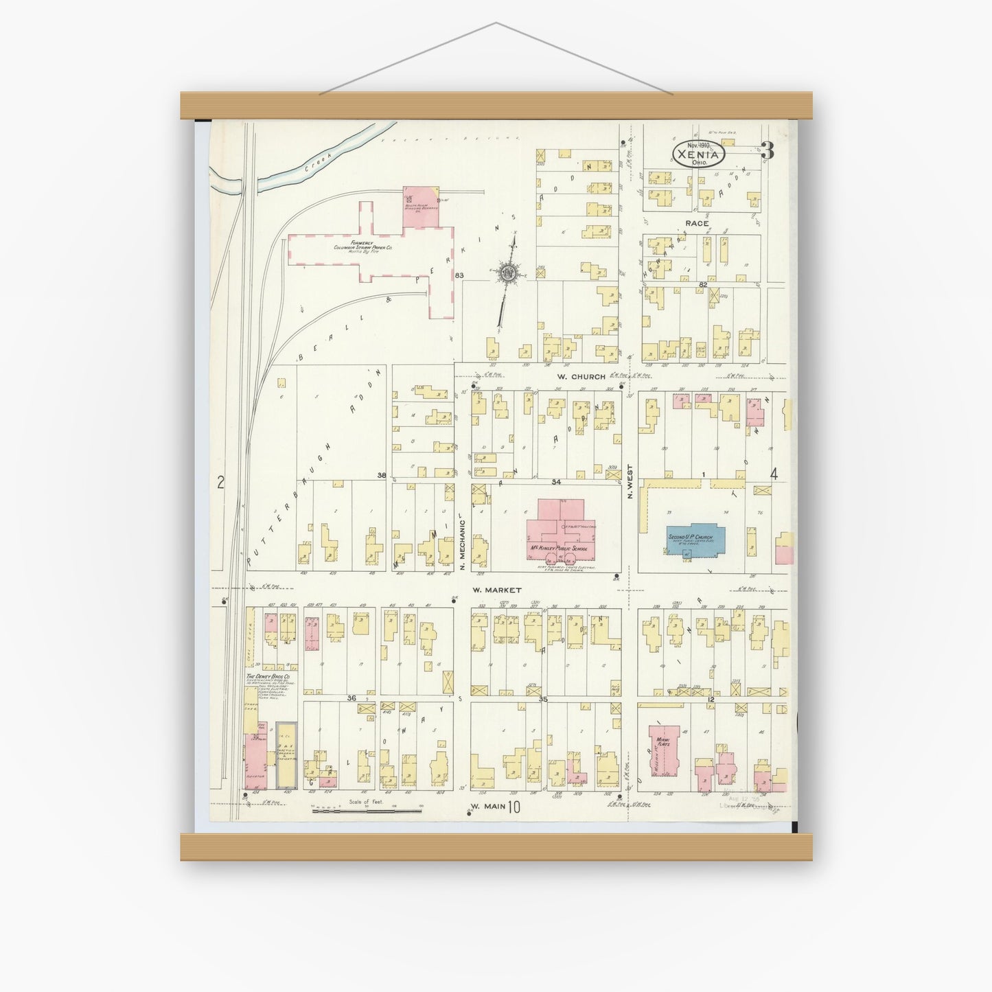Old map wall art mockup — magnetic wood frame on white wall — Sanborn Fire Insurance Map from Xenia, Greene County, Ohio (1910), Sheet #0003
