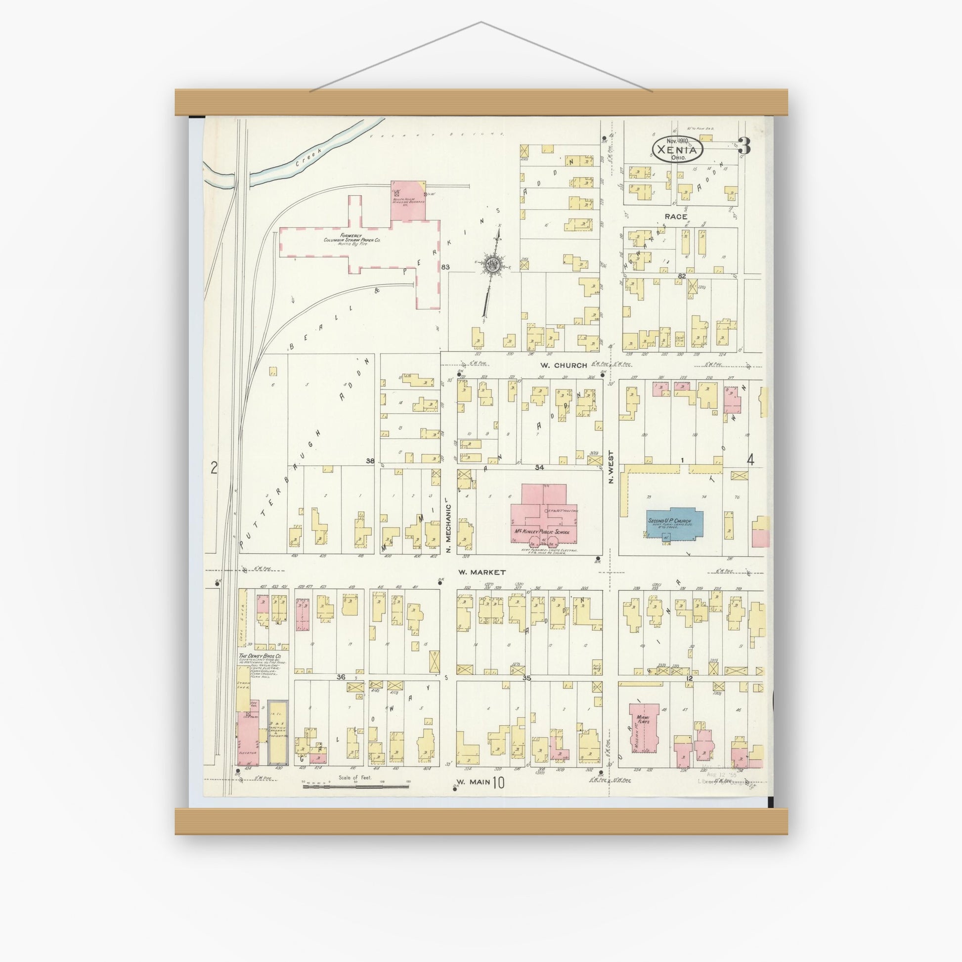 Old map wall art mockup — magnetic wood frame on white wall — Sanborn Fire Insurance Map from Xenia, Greene County, Ohio (1910), Sheet #0003