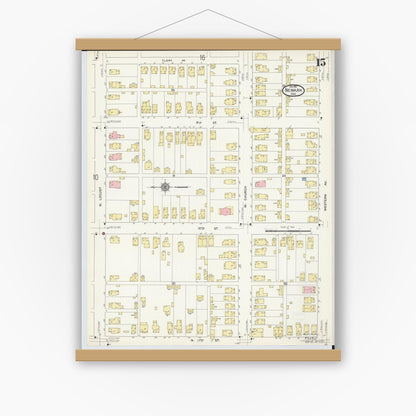 Old map wall art mockup — magnetic wood frame on white wall — Sanborn Fire Insurance Map from Newark, Licking County, Ohio (1912), Sheet #0015