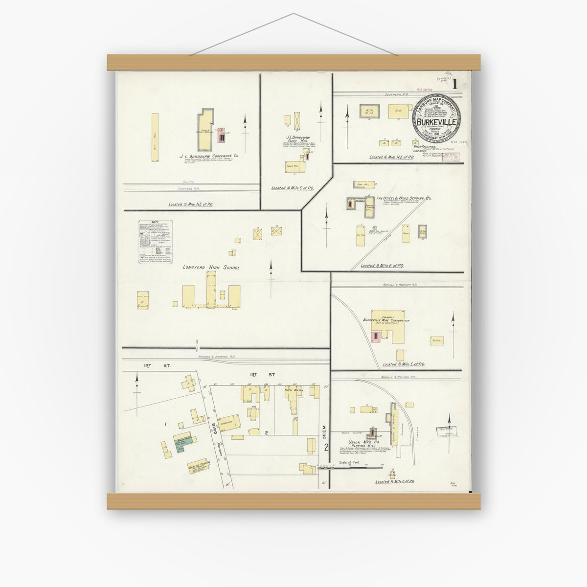 Old map wall art mockup — magnetic wood frame on white wall — Sanborn Fire Insurance Map from Burkeville, Nottoway County, Virginia (1910) - Complete Map Set