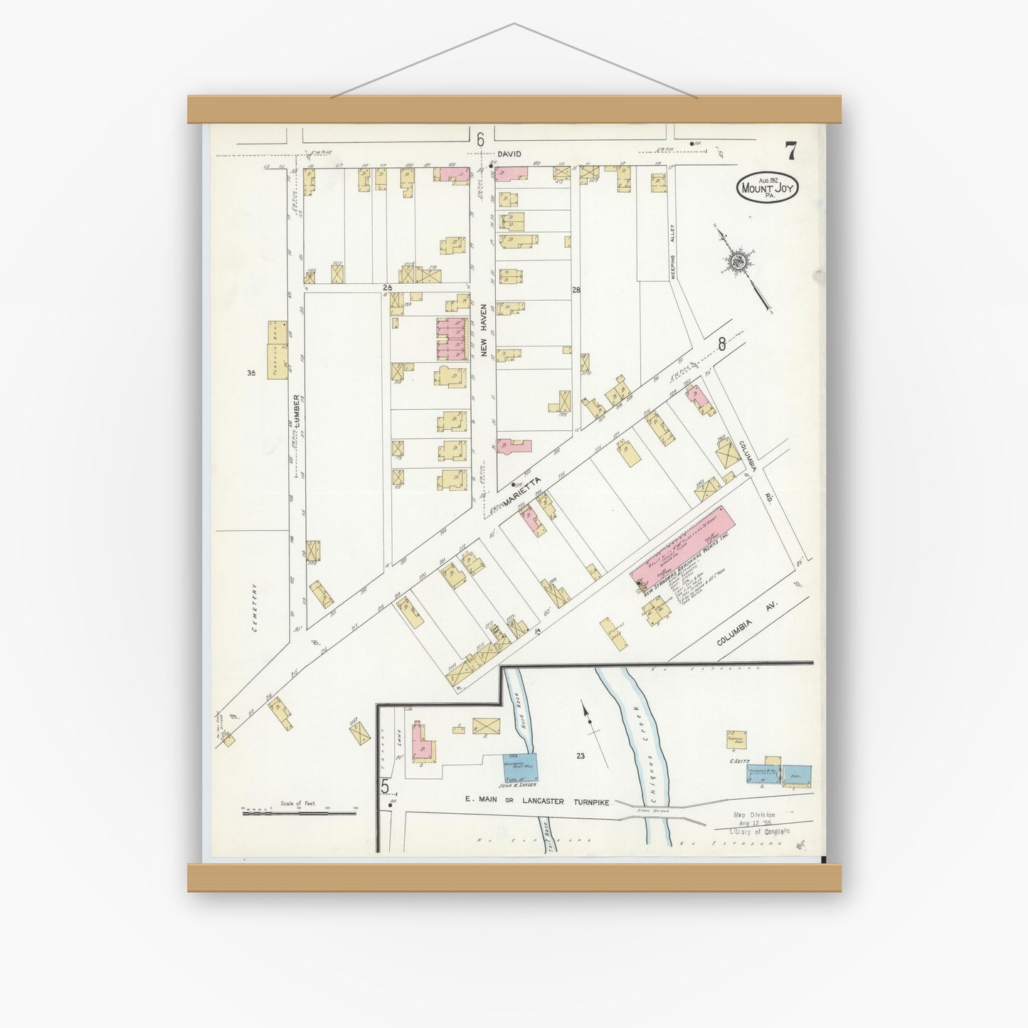 Old map wall art mockup — magnetic wood frame on white wall — Sanborn Fire Insurance Map from Mount Joy, Lancaster County, Pennsylvania (1912), Sheet #0007