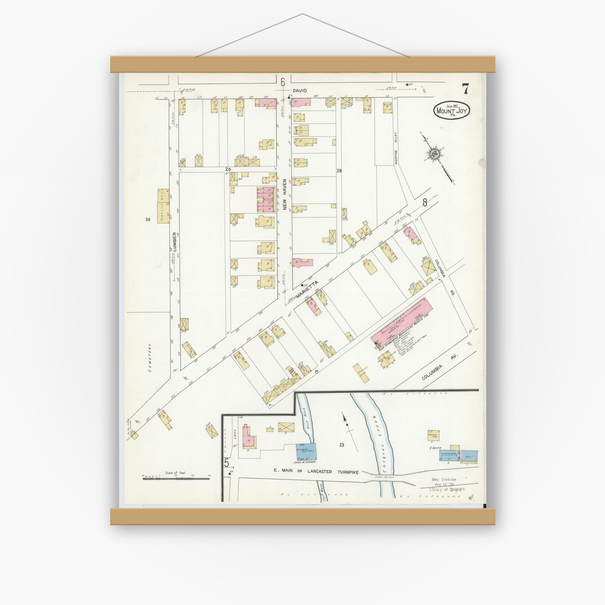 Old map wall art mockup — magnetic wood frame on white wall — Sanborn Fire Insurance Map from Mount Joy, Lancaster County, Pennsylvania (1912), Sheet #0007