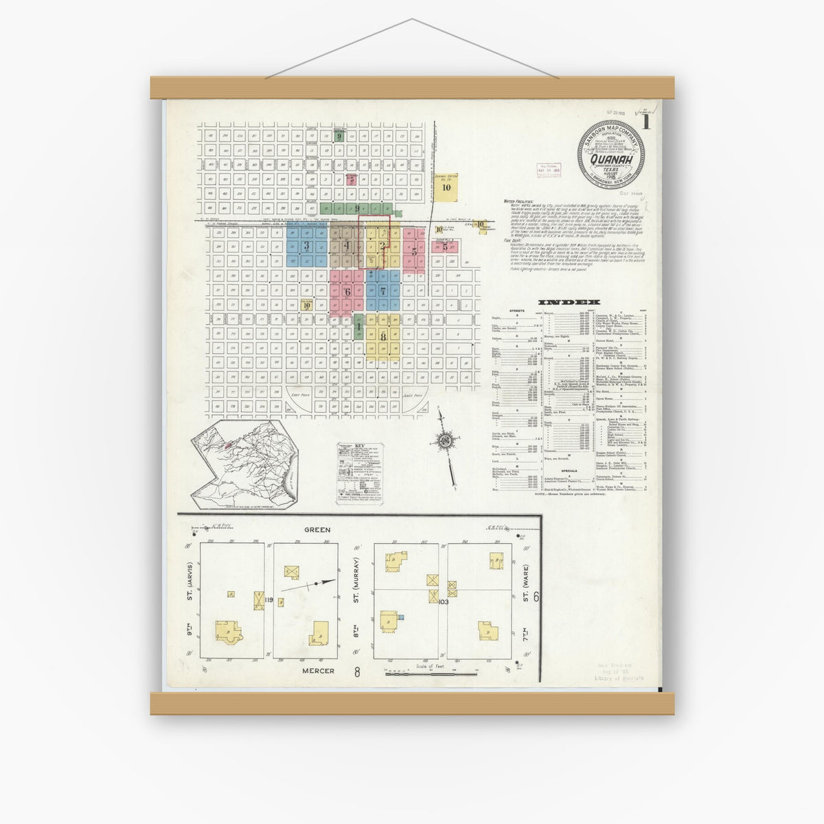Old map wall art mockup — magnetic wood frame on white wall — Sanborn Fire Insurance Map from Quanah, Hardeman County, Texas (1915), Sheet #0001
