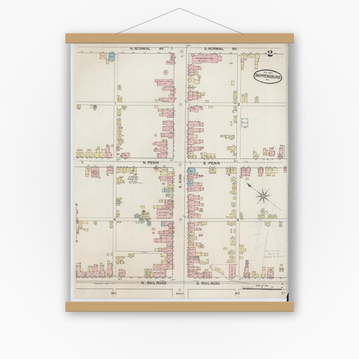 Old map wall art mockup — magnetic wood frame on white wall — Sanborn Fire Insurance Map from Shippensburg, Cumberland And Franklin Counties, Pennsylvania (1887), Sheet #0002