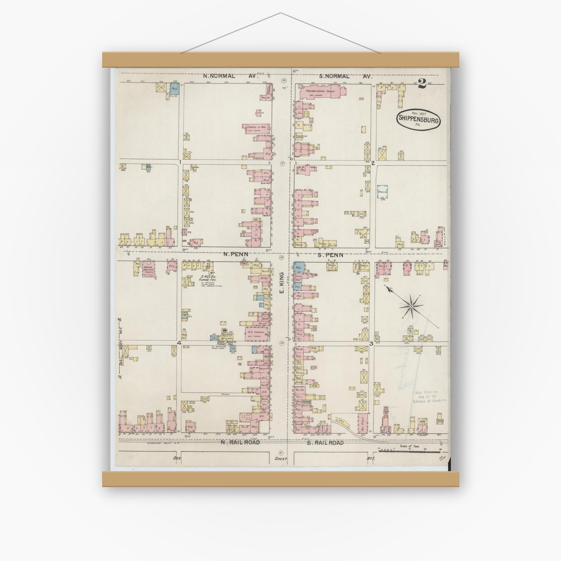 Old map wall art mockup — magnetic wood frame on white wall — Sanborn Fire Insurance Map from Shippensburg, Cumberland And Franklin Counties, Pennsylvania (1887), Sheet #0002