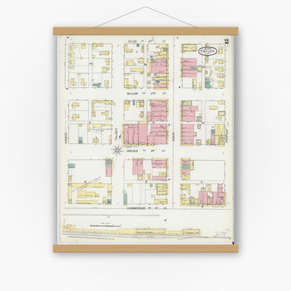 Old map wall art mockup — magnetic wood frame on white wall — Sanborn Fire Insurance Map from Taylor, Williamson County, Texas (1893), Sheet #0002