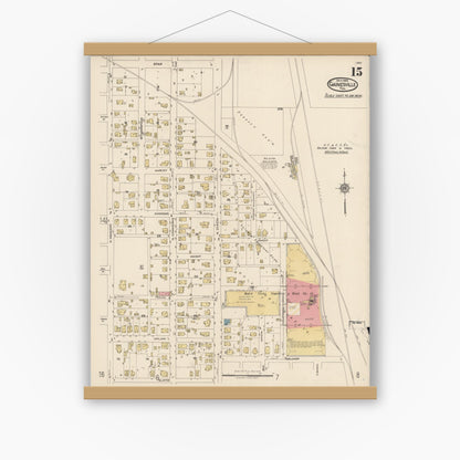 Old map wall art mockup — magnetic wood frame on white wall — Sanborn Fire Insurance Map from Gainesville, Cooke County, Texas (1922), Sheet #0015