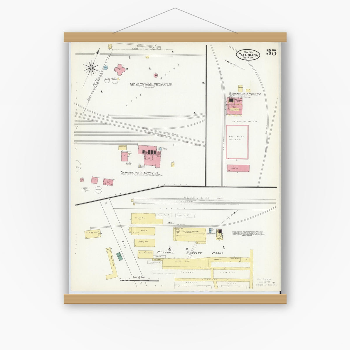 Old map wall art mockup — magnetic wood frame on white wall — Sanborn Fire Insurance Map from Texarkana, Bowie County, Texas (1909), Sheet #0035