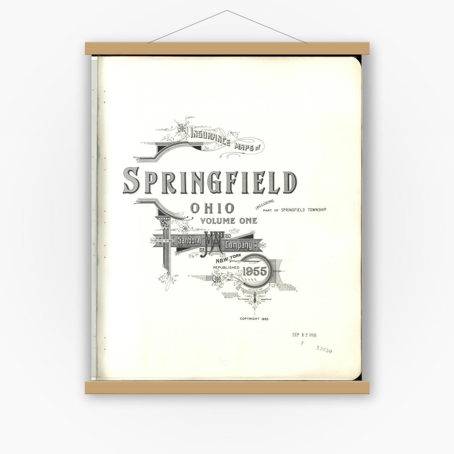 Old map wall art mockup — magnetic wood frame on white wall — Sanborn Fire Insurance Map from Springfield, Clark County, Ohio (1955), Sheet #0001