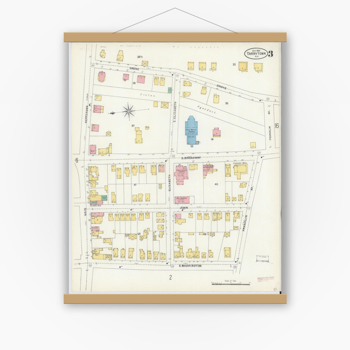 Old map wall art mockup — magnetic wood frame on white wall — Sanborn Fire Insurance Map from Tarrytown, Westchester County, New York (1903), Sheet #0003