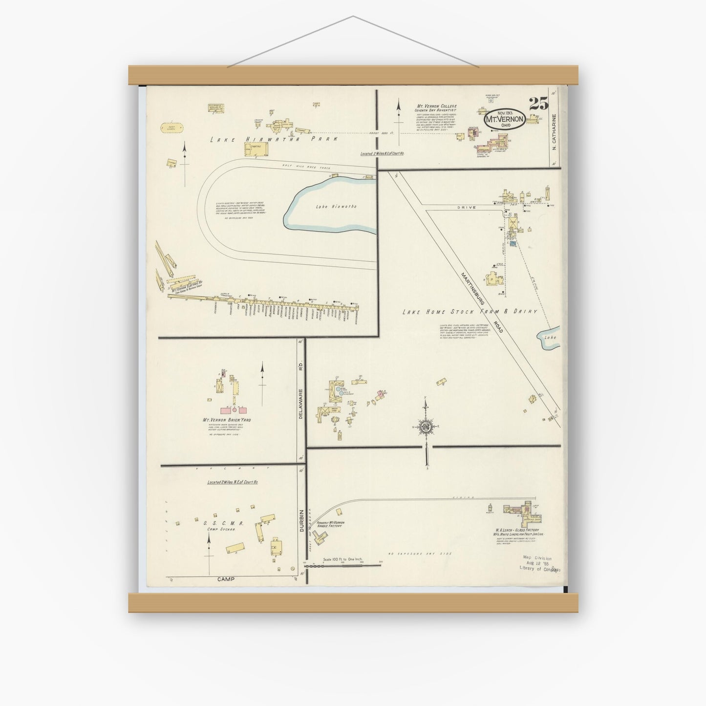 Old map wall art mockup — magnetic wood frame on white wall — Sanborn Fire Insurance Map from Mount Vernon, Knox County, Ohio (1913), Sheet #0025