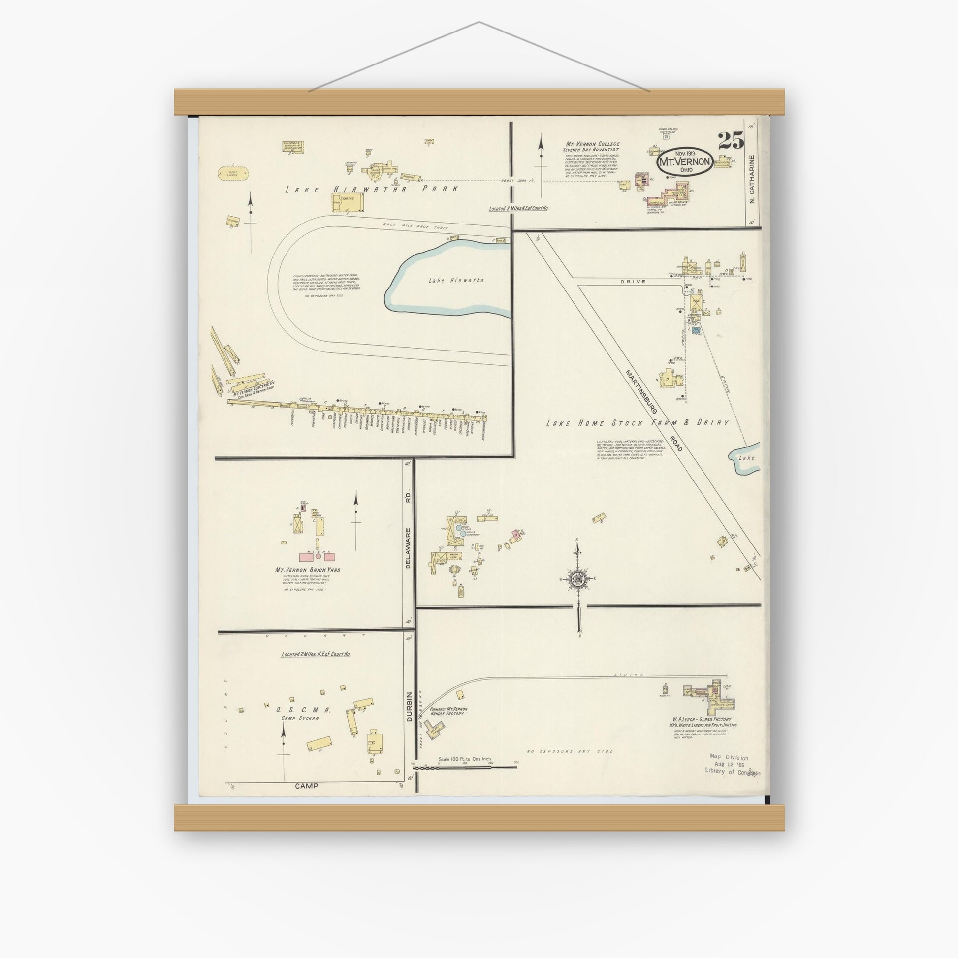 Old map wall art mockup — magnetic wood frame on white wall — Sanborn Fire Insurance Map from Mount Vernon, Knox County, Ohio (1913), Sheet #0025